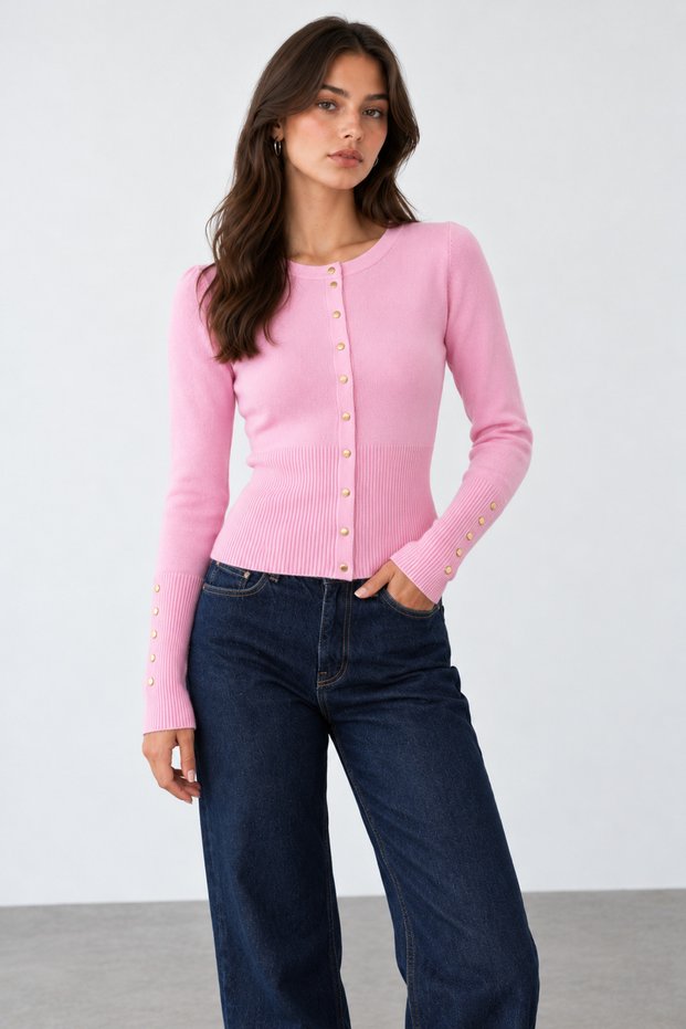 Women's Crew Neck Snap Fastener Knitwear Cardigan