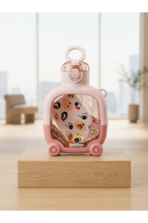 Children's Design Water Bottle with Straw 500 ml - Transparent Body with Strap for School and Nursery