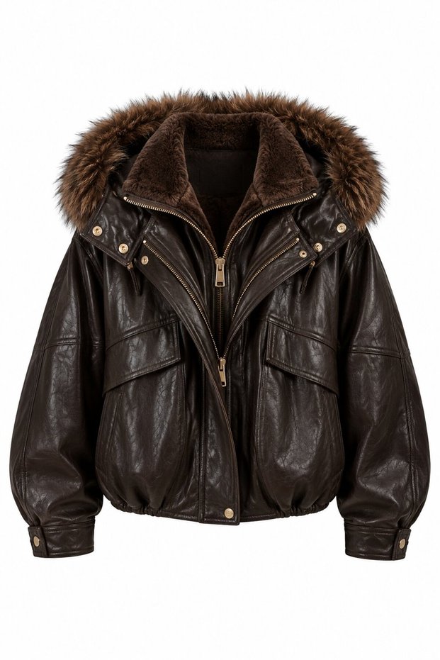 Brown Leather Jacket with Premium Fur Detail on the Collar - 631