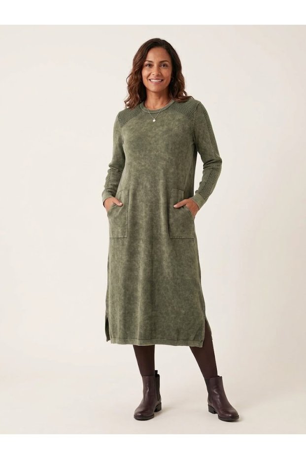 Women's Round Neck Pocketed Vintage Detailed Oversize 100% Cotton Midi Knitwear Dress