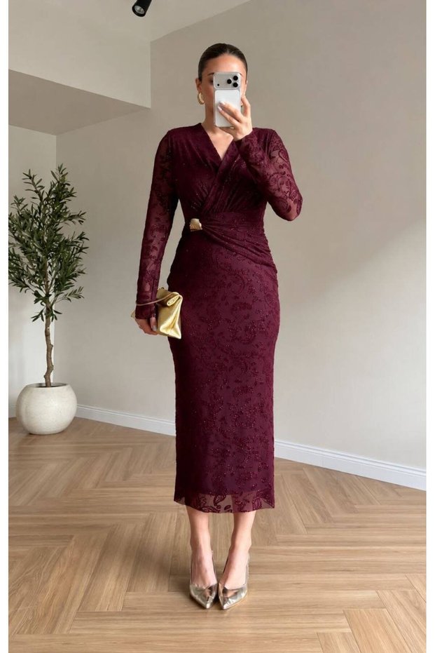 Women's Burgundy V-Neck Lined Flocked Tulle Midi Length Evening Dress Graduation Dress