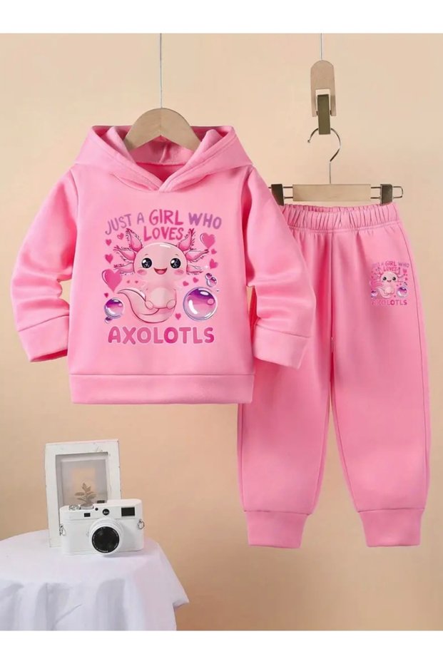 Cute Little Monster Printed with Hood, 100% Cotton, 3 Yarn, Pocketless, Winter Girls' Tracksuit Set