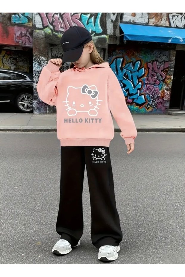 Hooded Ribbon Cat Printed 100% Cotton 3 Yarn Spanish Cuff Winter Pocketless Girls' Tracksuit Set