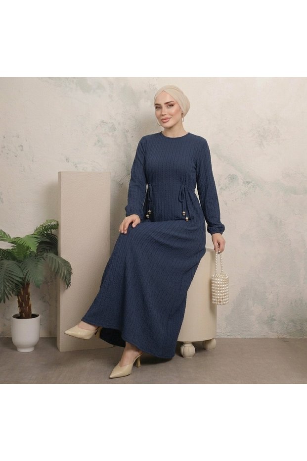 Textured Hijab Dress with Waist Tie