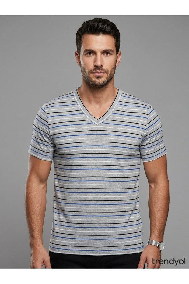 Luxury Gold Series |   Luxury V-Neck Striped Ribbed Regular Fit Lycra Single Jersey Men's T-Shirt - Gray Melange / Blue