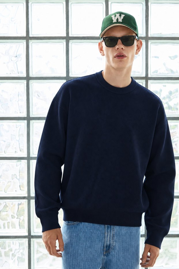 Men's Crew Neck Ribbed Oversize Navy Blue Sweater