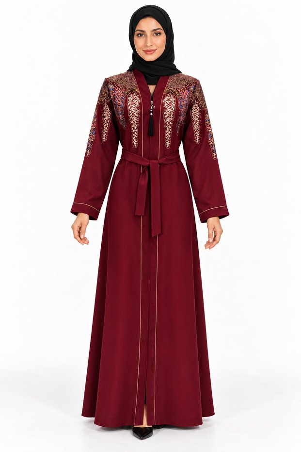 Abaya with Branch Embroidery and Belt | Botanical Embroidered Abaya with Belt