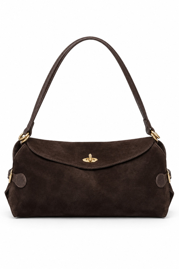Brown Women's Gold-Locking Genuine Suede Shoulder Bag.