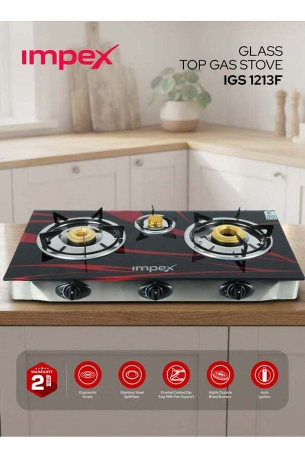 Impex Gas Stove 3 Burner Glass Top with FFD - Quality Pan Support, Brass Burners, Spill Tray, Auto