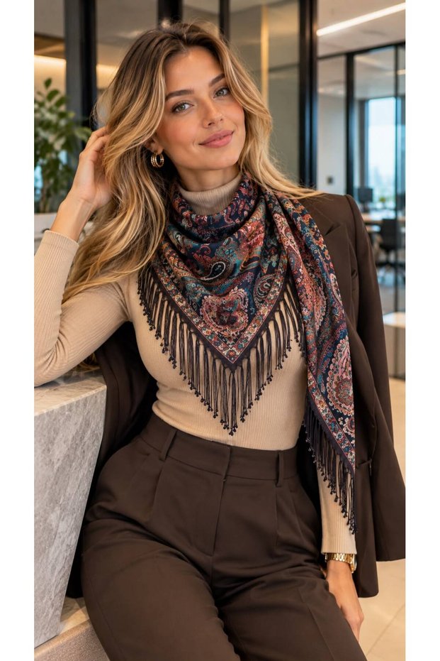 Black Ethnic Shawl Patterned Tassel Women's Collar Scarf