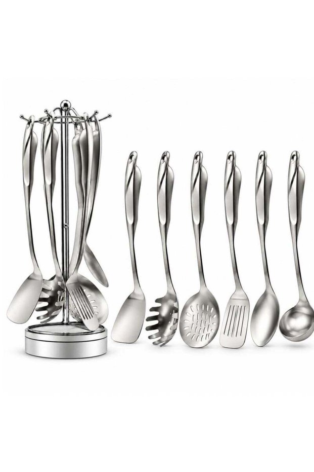 BERAM Kitchen Utensils Set with Stand, S-Shaped 304 Stainless Steel, Spatula, Skimmer, Soup Ladle