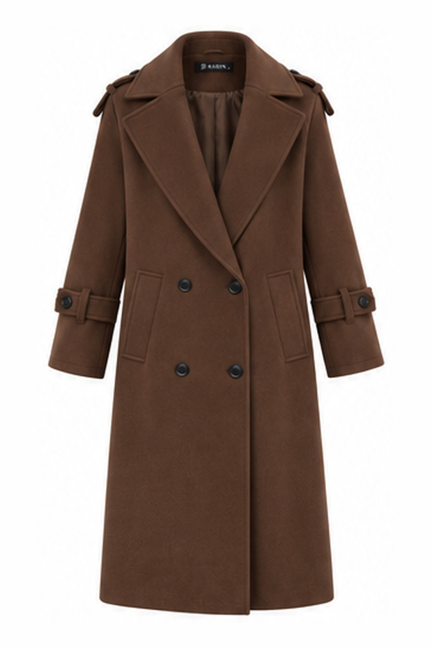 Women's Double-Breasted Collared Buttoned Long Cashmere Coat