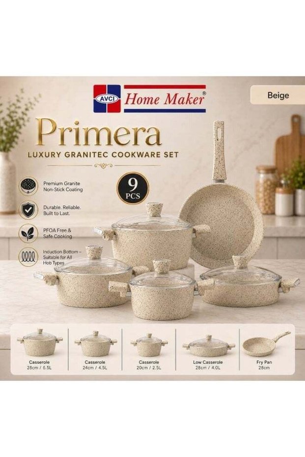 AVCI Home Maker Primera Luxury Granitec 9 Piece Non-Stick Cookware Set With Glass Lids, Induction