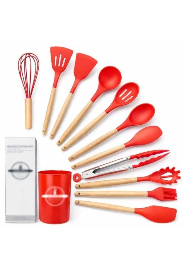 O2. Red 12-Piece Silicone Kitchen Utensil Set with Wooden Handles & Holder – Heat Resistant Cooking