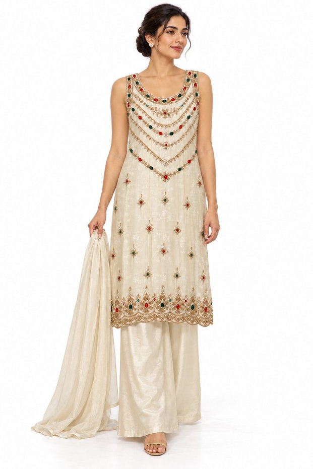 Ivory Jewel-Embellished Sleeveless Kurta Palazzo Set