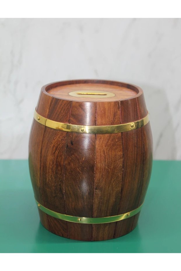 Brass Wooden Barrel Piggy Bank 1996