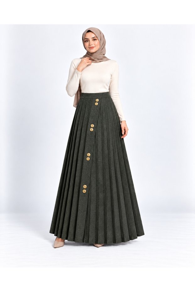Pleated Maxi Skirt with Gold Button Detail