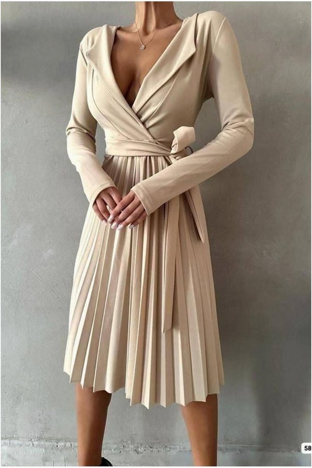 Crepe Fabric Pleated Belted Evening Dress, V-Neck · Color: Black · Size: S BX