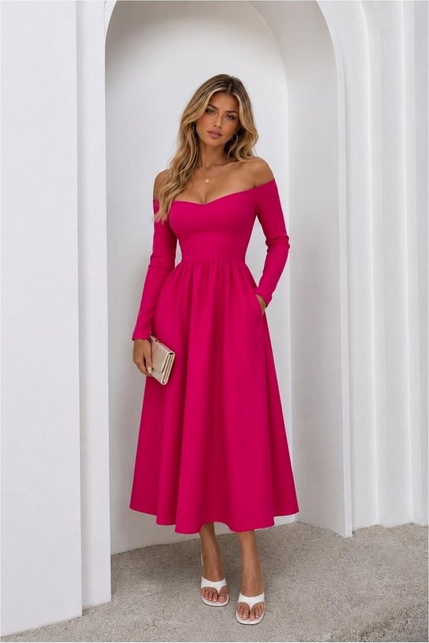 Boat Neck Sleeve Evening Gown, Midi Length, Long · Color: Fuchsia · Size: M BX