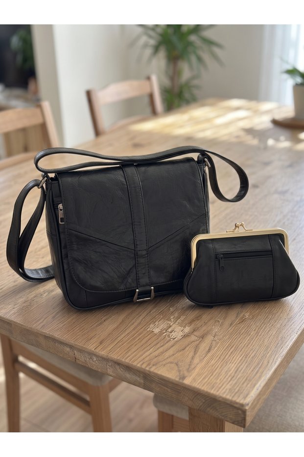 Genuine Leather Women's Shoulder Bag and Genuine Leather Clip Wallet Set