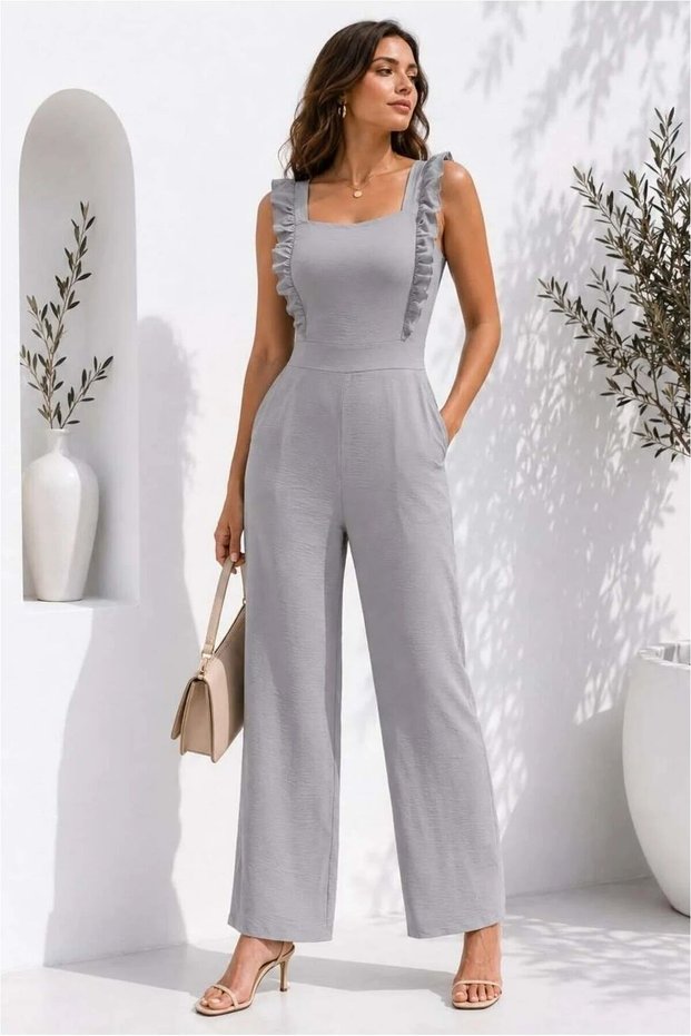 Tulle Jumpsuit with Square Belted Collar Fabric · Color: Yellow · Size: L Bsk2026