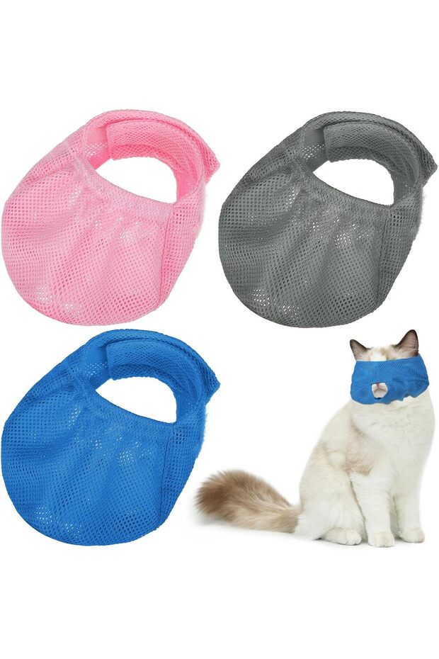 3 Pcs Cat Muzzle for Grooming, Breathable Mesh, Adjustable Set