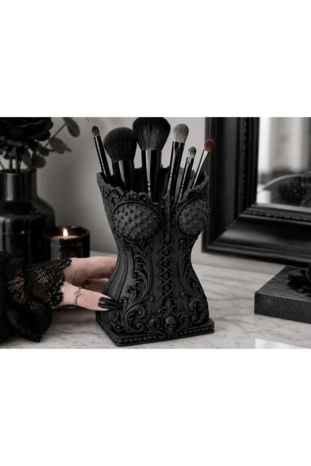 Gothic Corset Design Black Makeup Brush Holder and Pen Holder, Baroque Patterned Desktop 8X12 cm