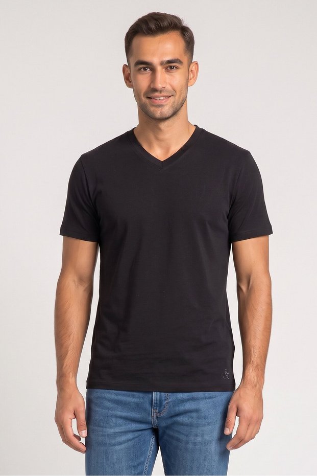 Men 3 Pieces V Neck Short Sleeve Plain T-Shirt, Black