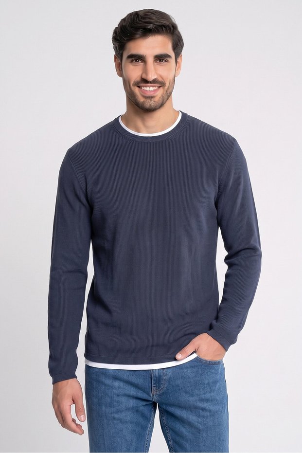 Men Crew Neck Textured Sweater, Navy Blue