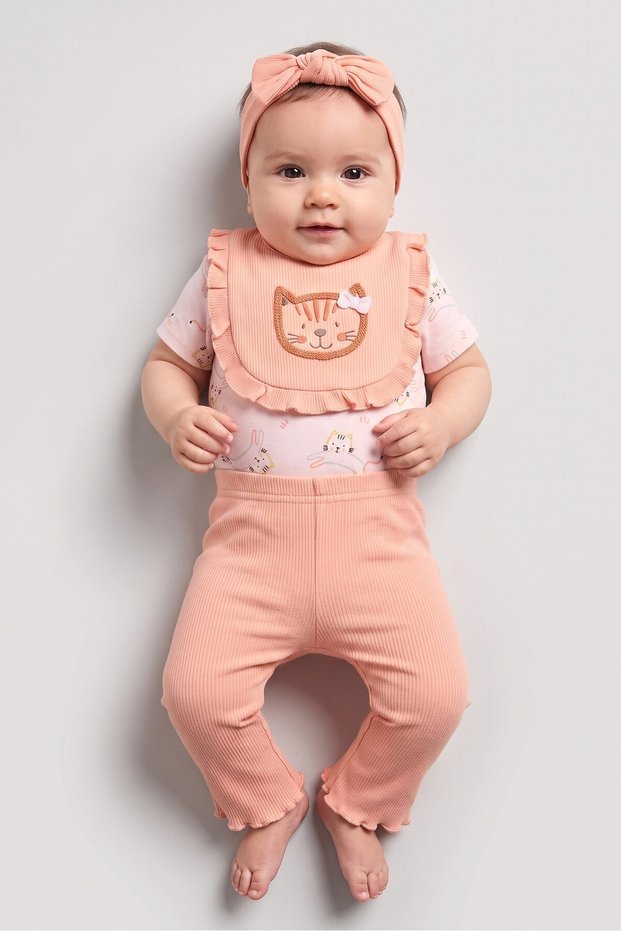 Toddlers Girl 4 Pcs Graphic Print Bodysuit, Bottom With Headband And Bib Set, Multicolor