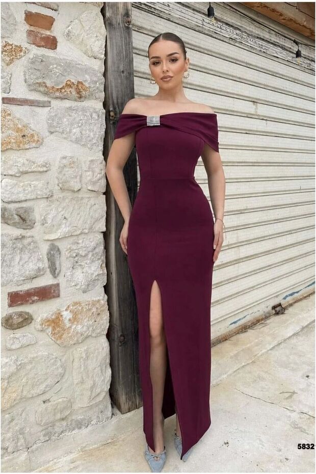 Strapless Slit Dress with Stone Embellishments · Color: Light Purple · Size: L BX