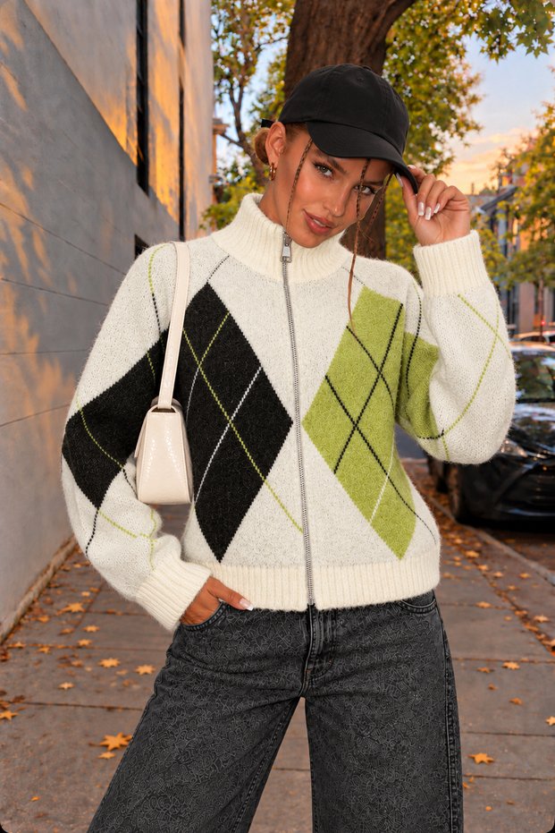 Women's Diamond Patterned High Collar Zippered Knitwear Cardigan