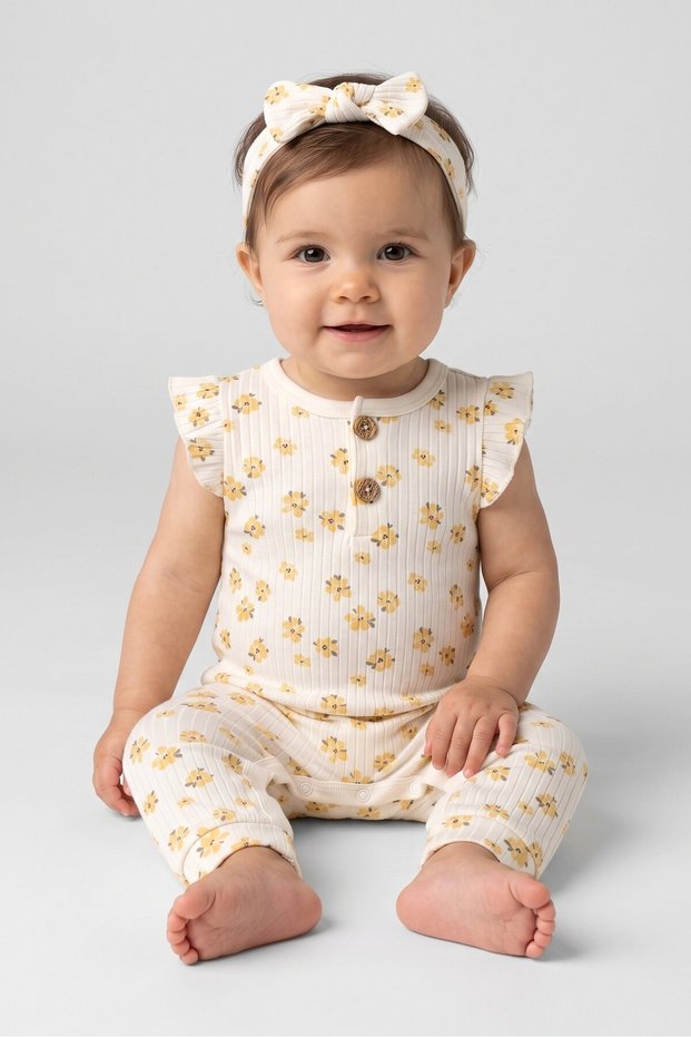 Toddlers Girl 2 Pcs Allover Print Bodysuit With Headband Set, Multicolor