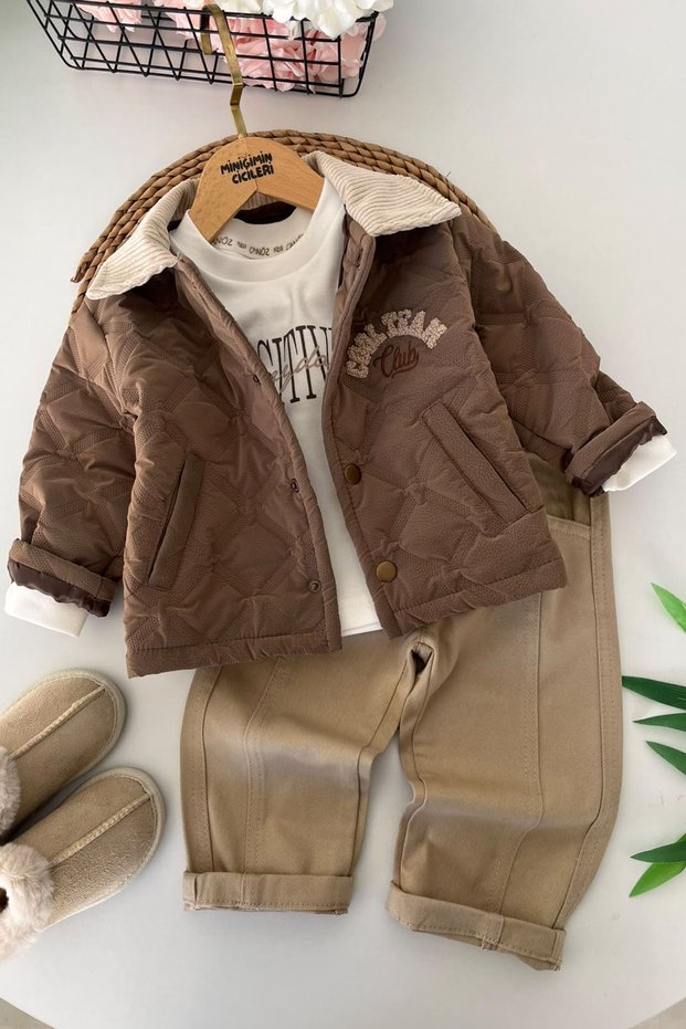 Boys' 3-Piece Set with Quilted Jacket, Printed T-Shirt and Trousers - Brown