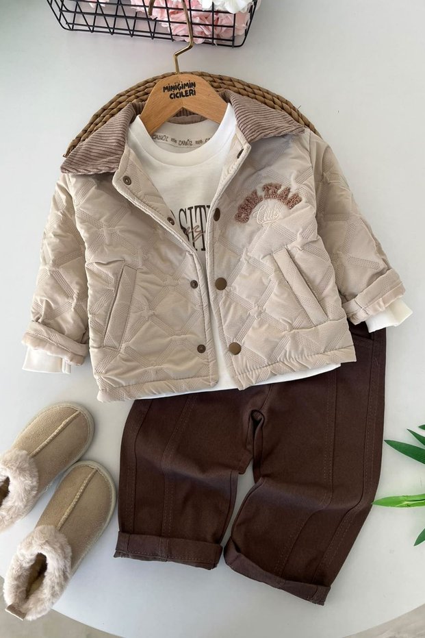 Boys' 3-Piece Set with Quilted Jacket, Printed T-Shirt and Trousers - Beige