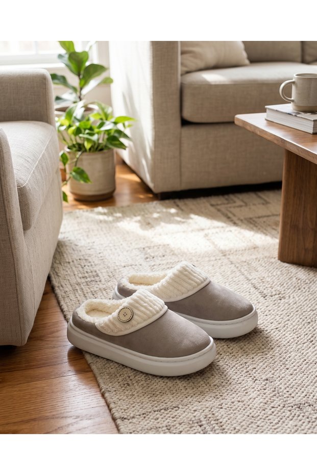 Women's Winter Plush Slippers with Button Detail and Thick Sole Home Slippers