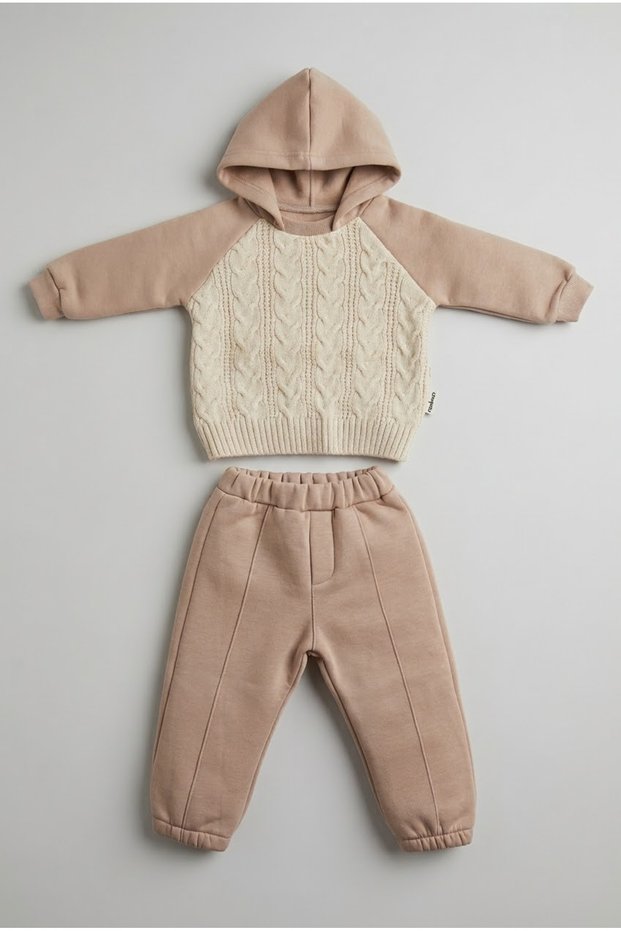 Baby Girl Knitted Patterned Knitwear Detailed Hooded Tracksuit Set
