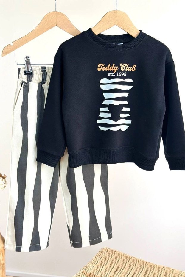 Teddy Club Printed Sweatshirt and Striped Wide-Leg Pants Boys' 2-Piece Set - Black