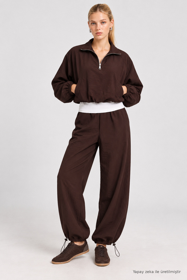 Contrast Trimmed Parachute Top and Bottom Set Lby0112 Brown