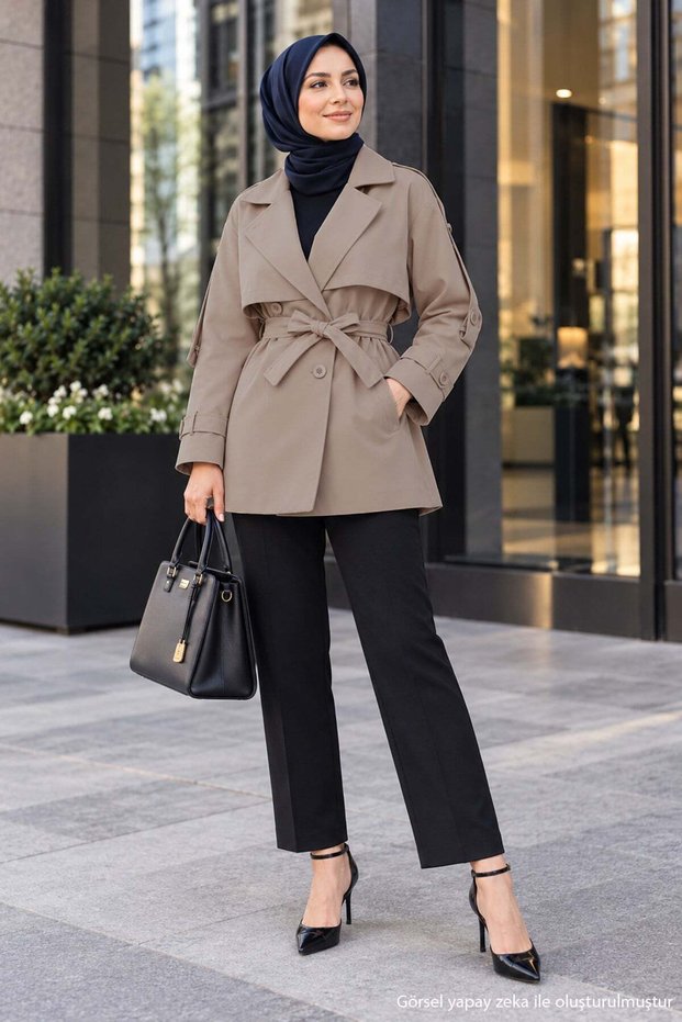 Double-Breasted Collar Short Trench Coat Mink Hm2977