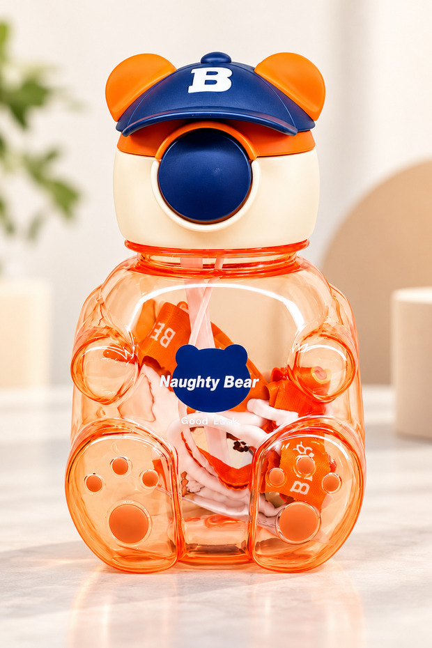 Teddy Bear Design Water Bottle with Hat and Straw – Cute Bear Figure, Carrying Strap, Lockable Lid, Colorful Water Bottle