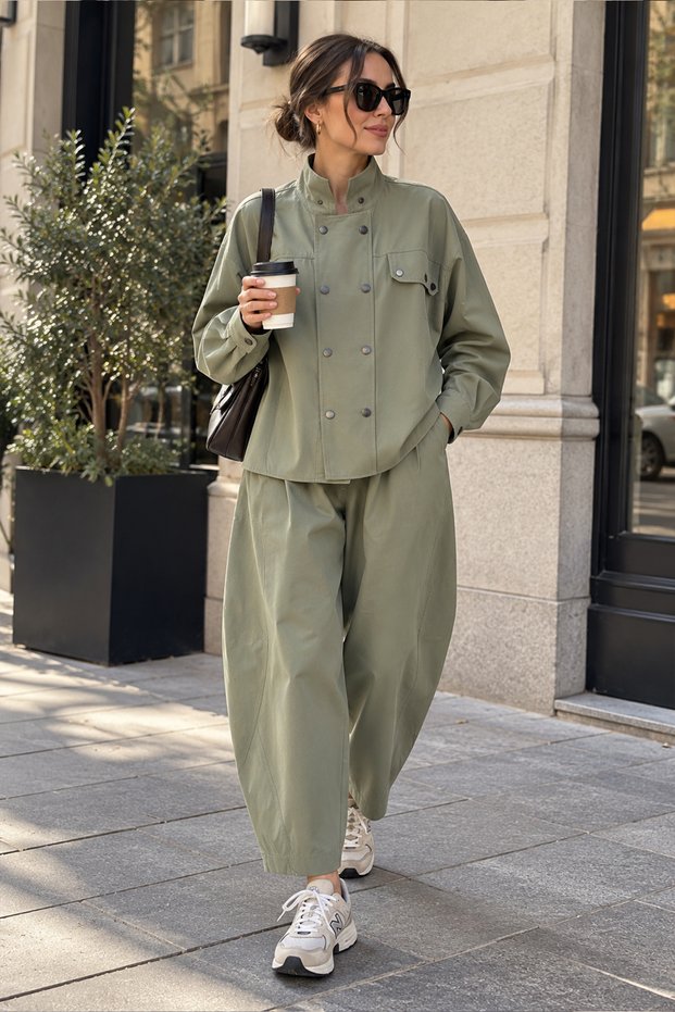 Women's Khaki 100% Cotton Snap Fastener Jacket and Balloon Shalwar Pants Two-Piece Set