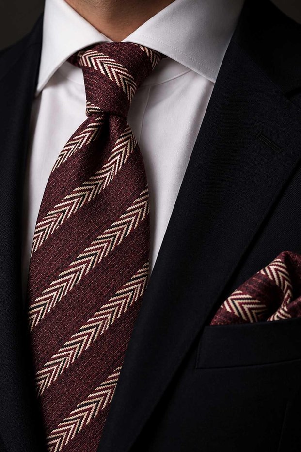 Burgundy Beige Herringbone Pattern Classic Tie with Handkerchief Kk14155