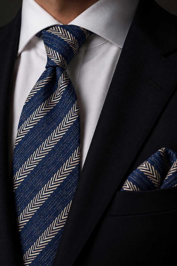 Navy Blue Beige Herringbone Pattern Classic Tie with Handkerchief Kk14156