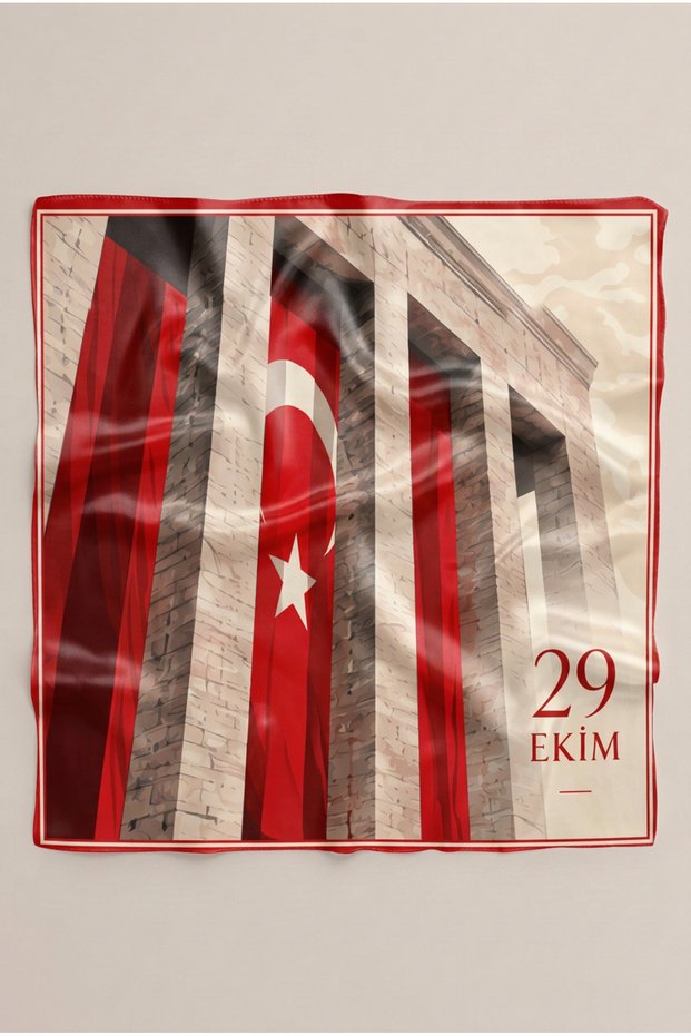 Red Gray Anıtkabir and Turkish Flag Patterned October 29 Republic Day Scarf 50X50 cm Tr002