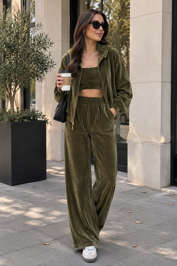 Women's Khaki Velvet Hooded Zipper Sweatshirt Crop Bustier and Wide Leg Pants 3-Piece Set