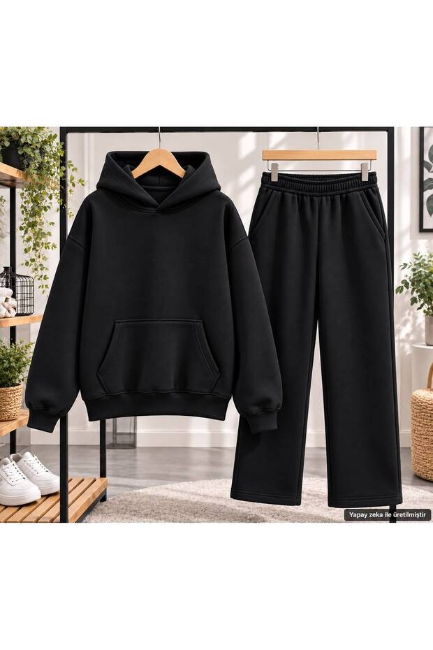 Unisex Plain Basic Hooded Oversize Tracksuit Set - Two-Piece Cotton Set with Kangaroo Pockets