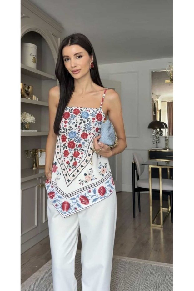 Adjustable Strap Shawl Patterned Blouse