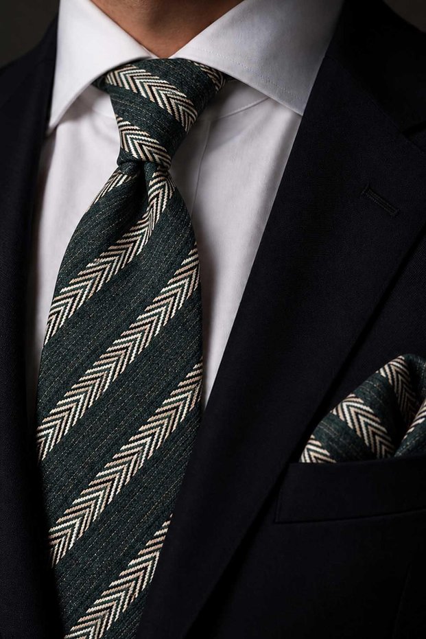 Green Beige Herringbone Pattern Classic Tie with Handkerchief Kk14157