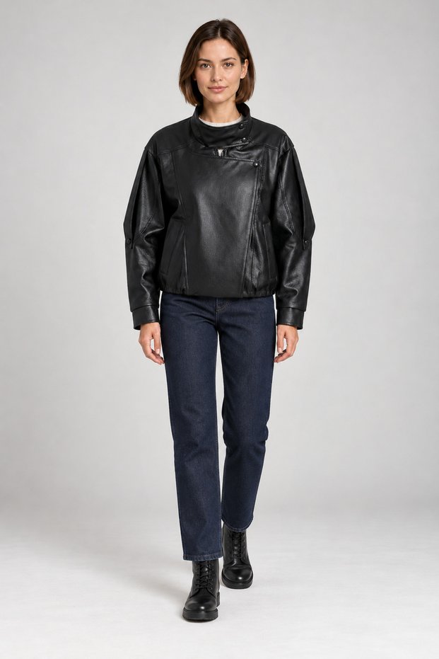 Women's Black Oversize Asymmetrical Zippered Faux Leather Jacket with Snap Detail